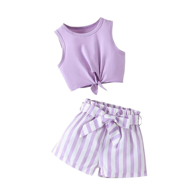 Zpanxa Girls Summer Outfits Kids Solid Color Round Neck Hem Split vertical Striped Shorts Two-piece Set 5 Years