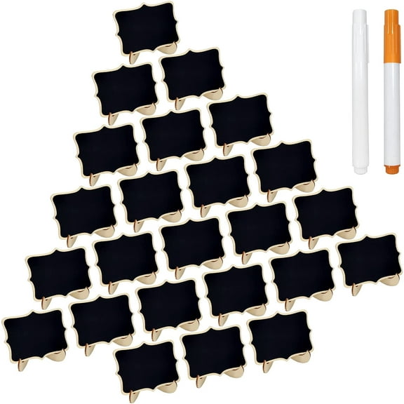 24 Pcs Wooden Mini Chalkboards Signs for Food Signs, Wedding Signs, Message Signs, Event Decorations, and Include Wave-Shaped Board, Wooden Stand, 2 Chalk Markers.