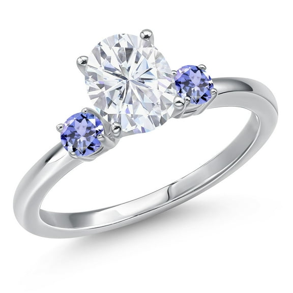 Gem Stone King 14K White Gold White Moissanite and Blue Tanzanite Engagement Ring for Women | 1.80 Cttw | Oval 8X6MM | Gemstone Birthstone | Size 6