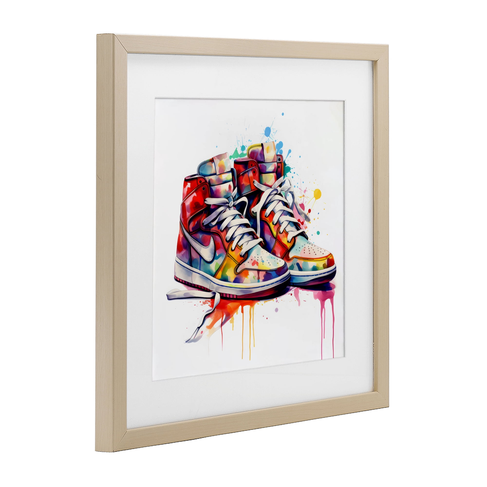 Stupell Industries Sneakers with Watercolor Drip Birch Framed Print Under Glass, design by Creative Studio