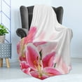 thumbnail image 4 of Pink and White Soft Flannel Fleece Blanket, Florist Theme with Lilies Close up a Fresh Bouquet for the Loved Ones, Cozy Plush for Indoor and Outdoor Use, 50" x 60", Pink Orange Green, by Ambesonne, 4 of 5