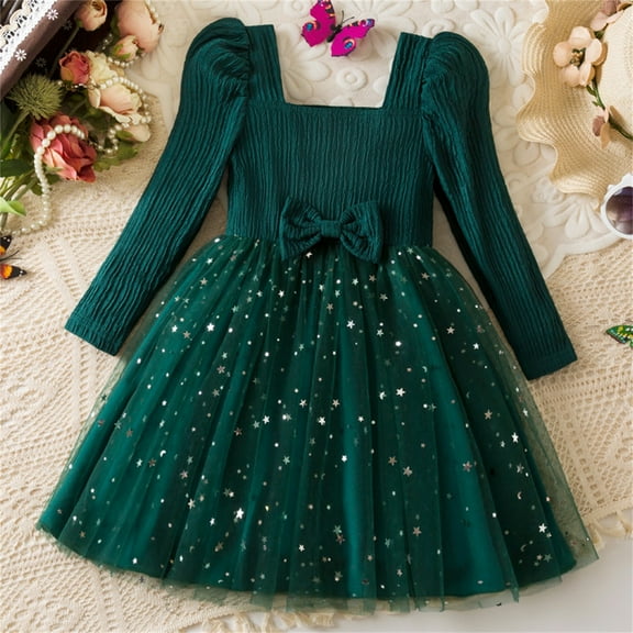 HOMADLES Girls Long Sleeve Dress Crewneck Bow Elastic Soft Casual Solid Layering Swing Dress for Girls Comfortable Mesh Princess Dress Green 7 T