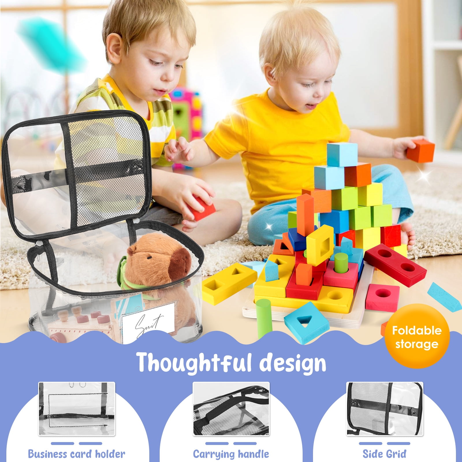 4Pcs Clear Toy Storage Bag with Name Tag& Manual Pocket, Waterproof Transparent PVC Toy Organizer Case for Lego Bricks, Board Games, Building Blocks, Puzzles (Large Capacity, Black)