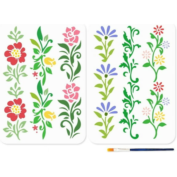 1Sets 2pcs A4 Size Flower Border Stencils with Paint Brush Tree Branch Flower Fence Stencil 11.7×8.3inch Reusable Plant Plastic Templates for Wood Fabric Wall DIY Craft Photo Album