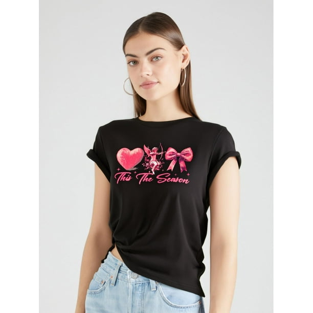 Women'S Valentine'S Day Casual T-Shirt, Polyester 95% Elastane 5%, Crew Neck, Short Sleeve, Slight Stretch, 180gsm, Knit Fabric, Love Cupid Bow Print, All Season Tee Tee For Adult, Men, Women, Teen,