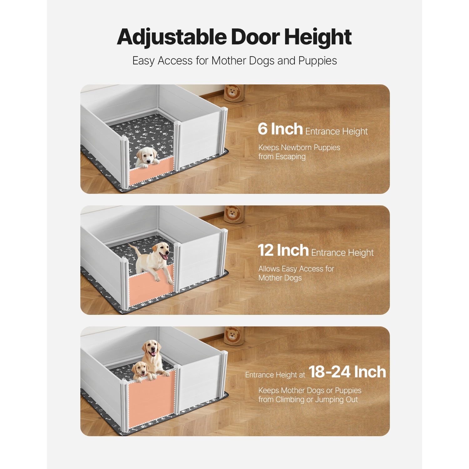 KFFKFF Durable Whelping Box for Dogs, 60 x 60 x 24 inch, Plastic PVC Puppy Playpen with Adjustable Door Height and Washable Pad, Indoor Play Area for Large Breed Puppies, Milk White