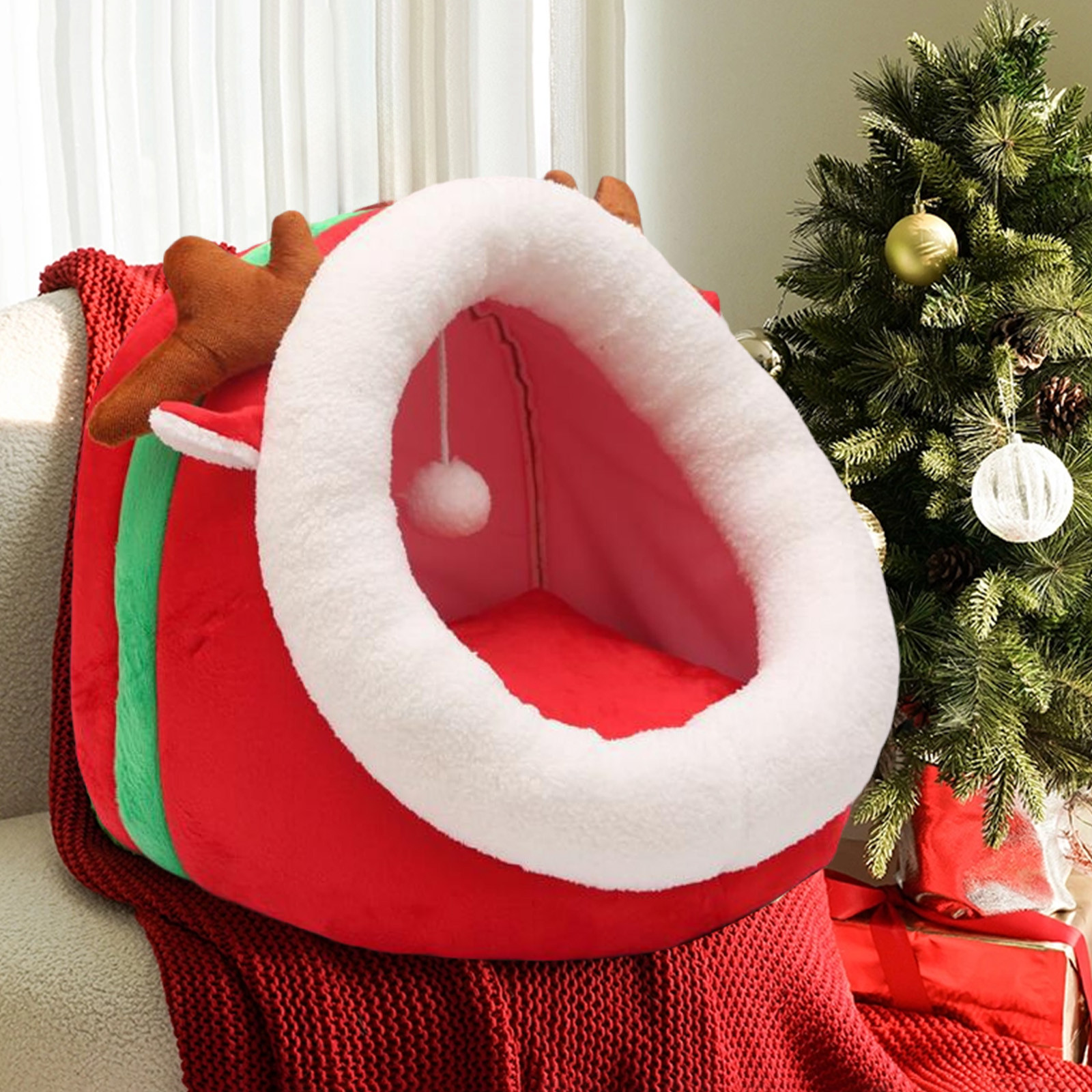 Hvmvliv Cats House Red Christmas Pet Bed Semi Enclosed Cats Bed Dogs Bed Removable Washable Dogs and Cats Bed Winter Warm Comfy Pet Bed for Sleeping 13.8x13.8x12.6in