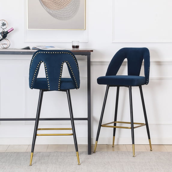 Akoya Collection Modern | Contemporary Velvet Upholstered Connor 28" Bar Stool & Counter Stools with Nailheads and Gold Tipped Black Metal Legs,Set of 2 (Blue)