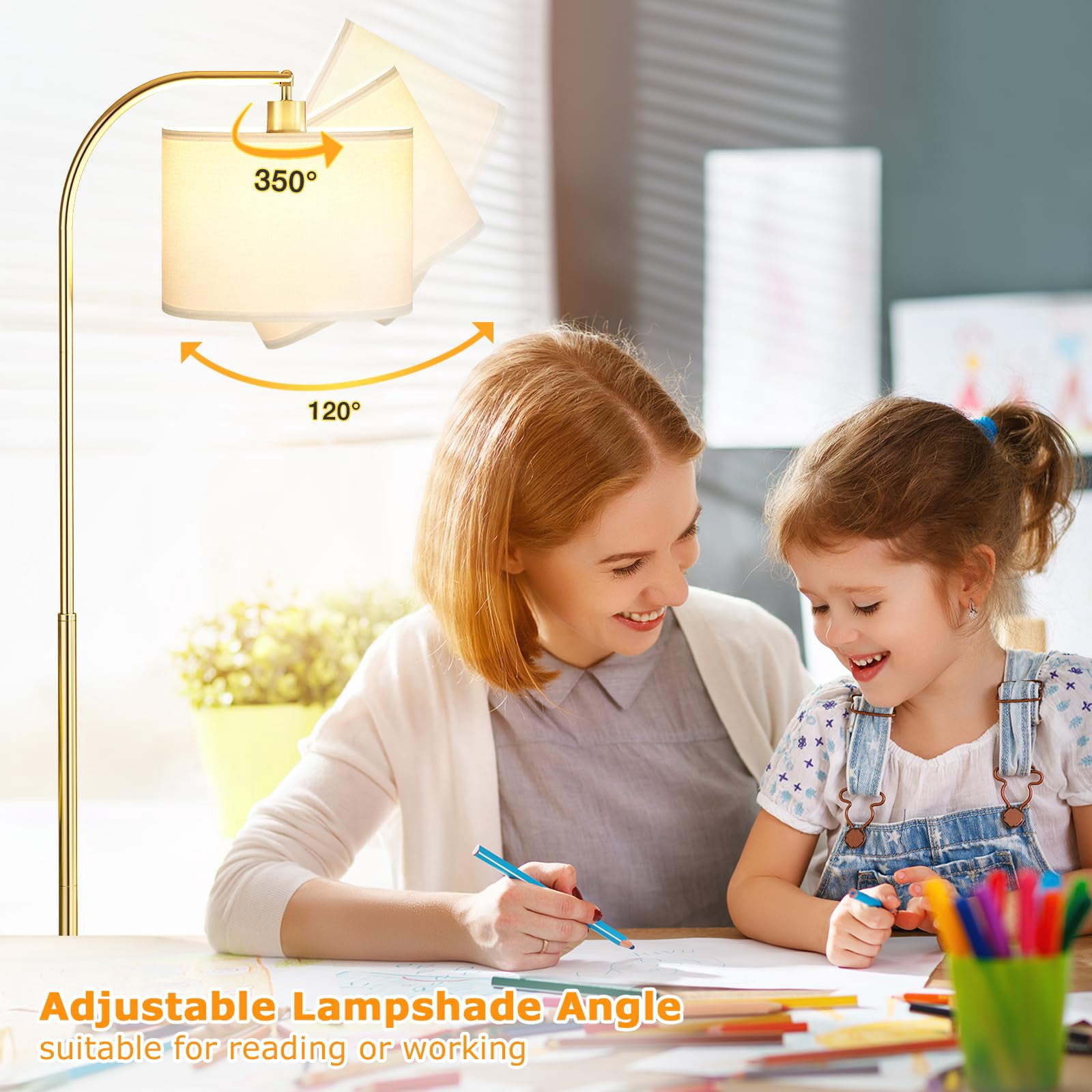 Arc Floor Lamp White & Gold With Remote And Stepless Dimmable Light For Living Room