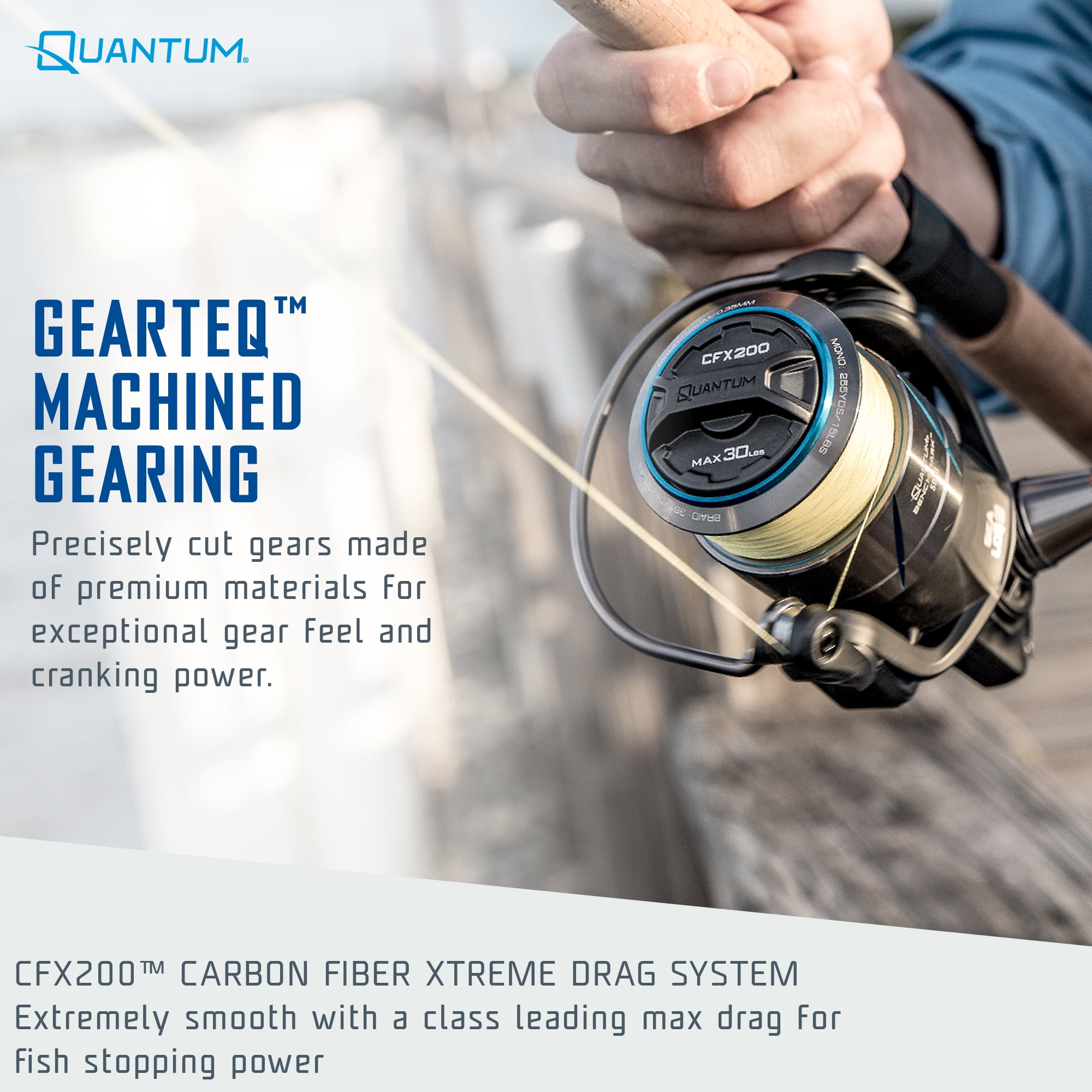 Quantum Benchmark Spinning Fishing Reel, Size 2500 Reel, 5+1 Bearings, 6.2:1 Gear Ratio, Aluminum Frame, SEALOQ 6 Protection, GEARTEQ Machined Gears, CFX200 Carbon Fiber Xtreme Drag, Silver/Blue