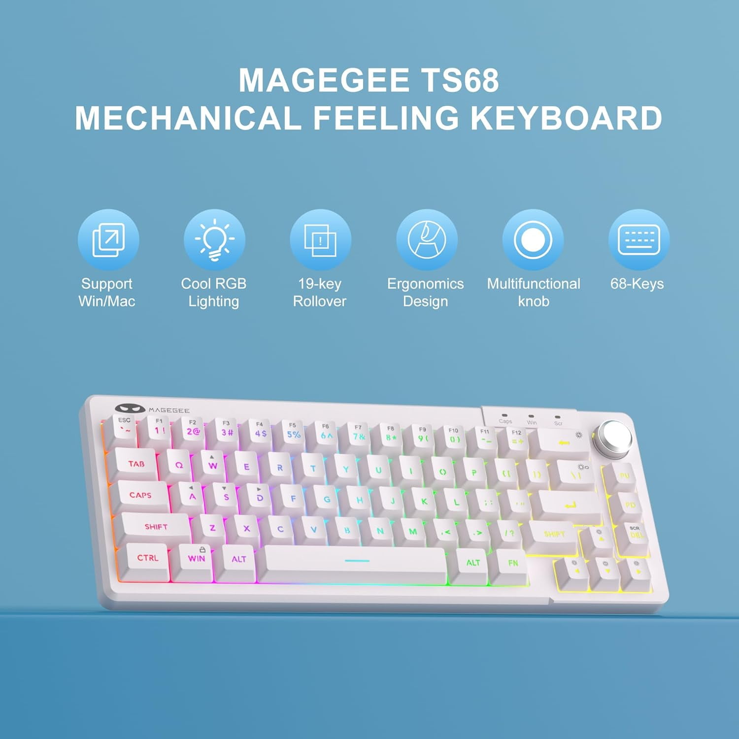 MageGee 60% Gaming Keyboard - TS68 Compact Mechanical-Style Tactile Feel, RGB Backlit with Smart Knob, 68 Keys Ergonomic Design, 18-Key Anti-Ghosting