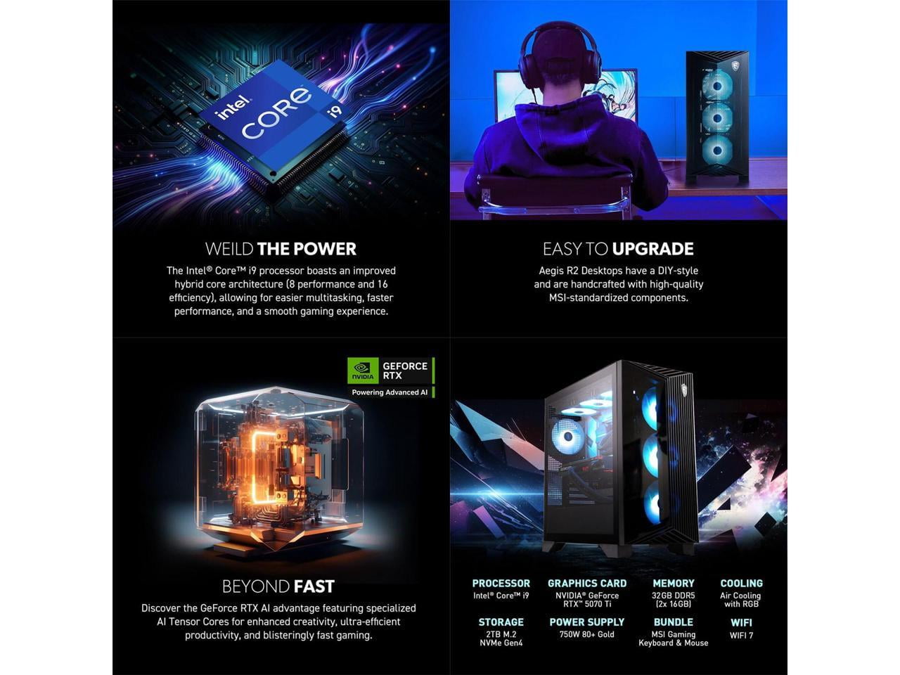 MSI Aegis R2 14th Gaming Desktop, Intel Core i9 i9-14900F, 32GB RAM, NVIDIA GeForce RTX 5070 Ti, 2TB SSD, Windows 11 Home, Aegis R2 A14NVR9-1464US