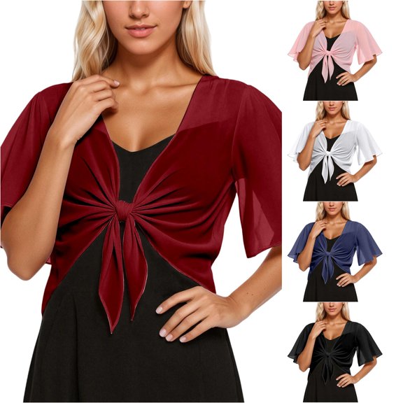 HCYSFG Womens Tie Front Shrug V Neck Short Flutter Sleeve Sheer Cropped Fit Lightweight Chiffon Bolero Evening Party Dress Cover Up
