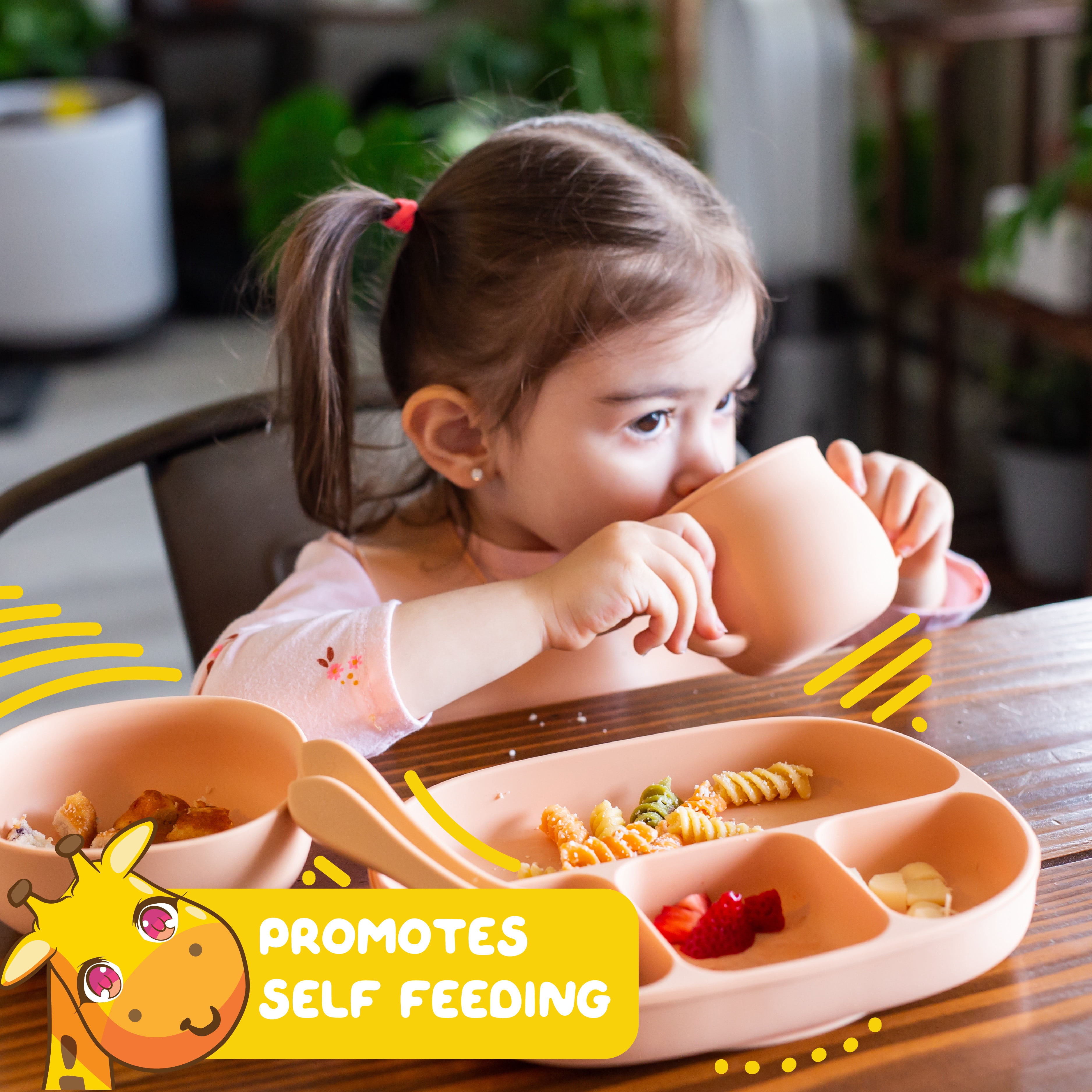 Muqee Peeko Feeding Supplies for Toddlers Silicone with suction - 7 Piece Set in Baby Apricot Color - Baby feeding spoon plate and bowl for first stage with suction