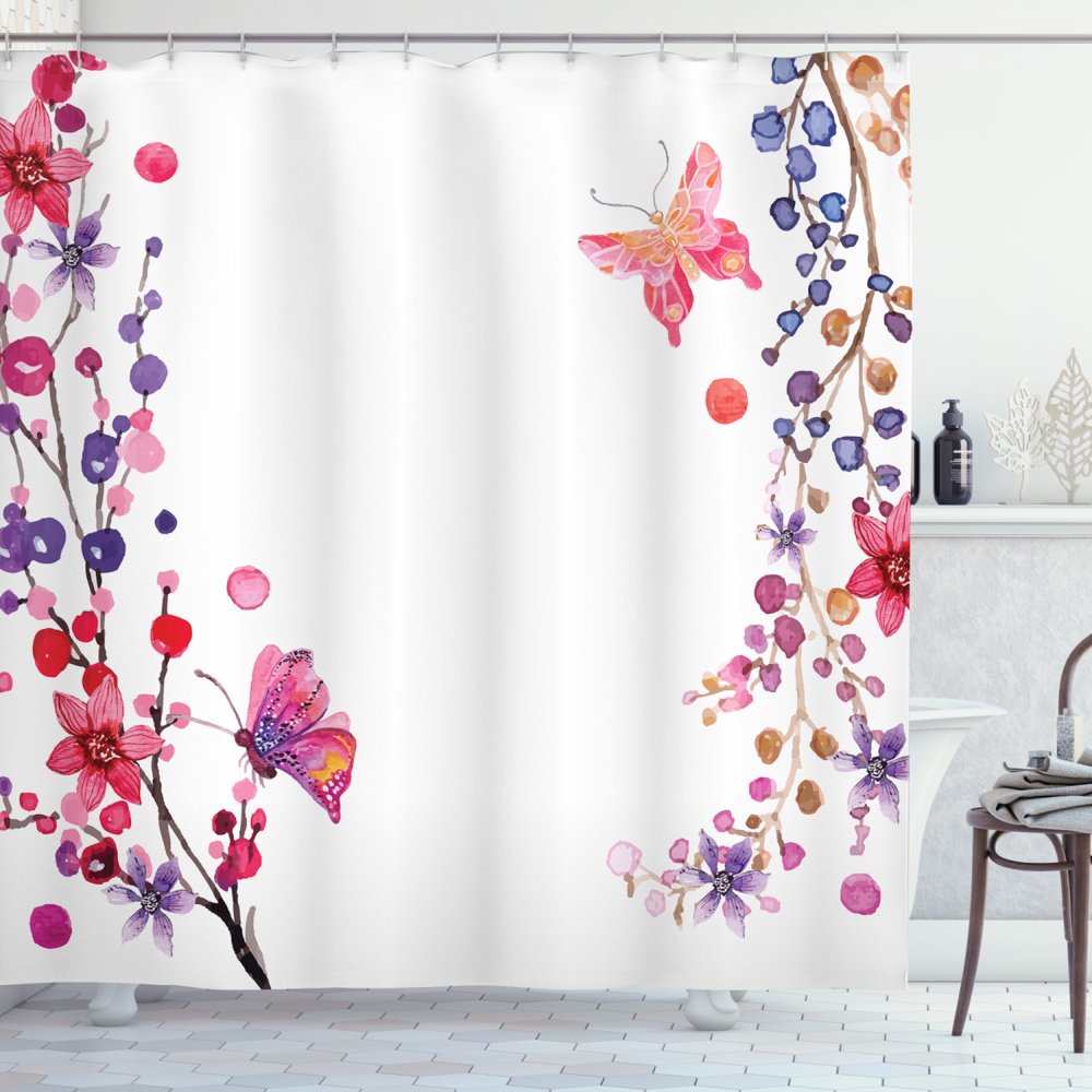 Butterflies Decorations Shower Curtain Set, Floral Art With Butterfly