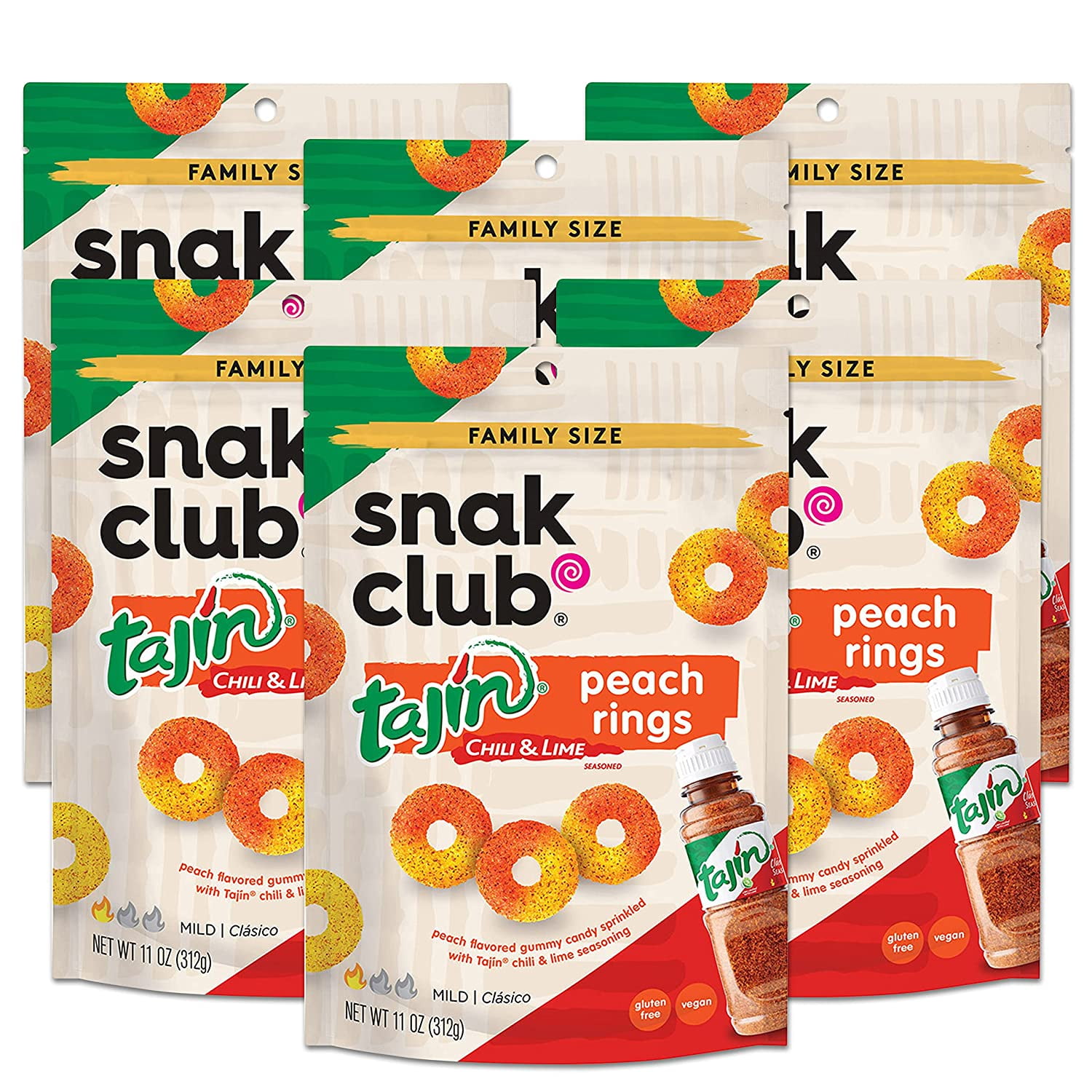 Snak Club Tajin Peach Rings, Sweet and Spicy Gummy Snacks, 11oz Party