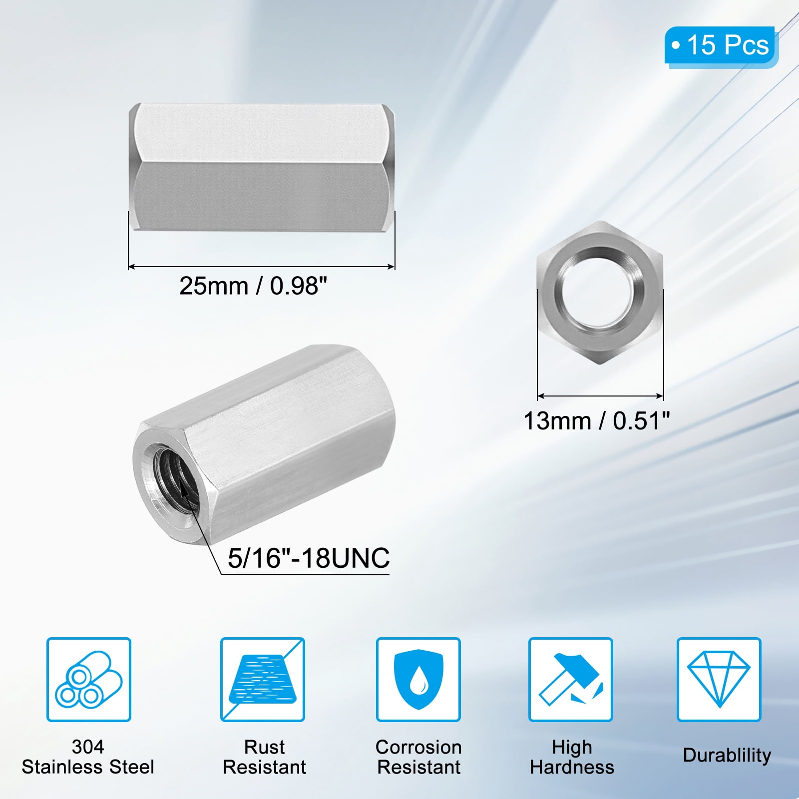 Uxcell 5/16"-18 UNC 304 Stainless Steel Hex Coupling Nuts, 15Pcs 1" Length Fully Threaded Rod Coupling Nut Studding Connector Fasteners, Silver Tone