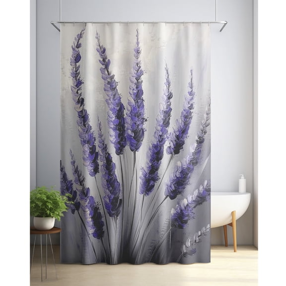 Lavender shower curtain, modern realistic floral design with pastel leaves on the back, fabric bathroom decor set with hooks