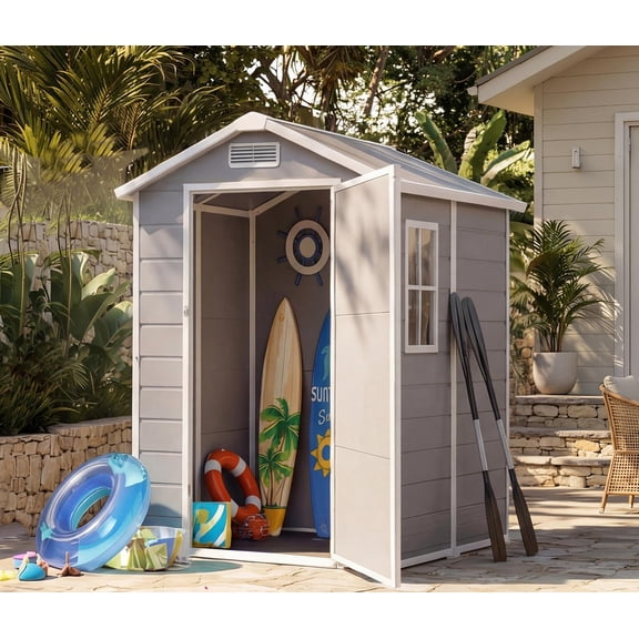 4x6 ft Outdoor Storage Shed with Floor, Plastic Resin Garden Shed with Window & Lockable Door, Tool Shed for Patio, Backyard, Lawn Mower, Bike Storage, Grey