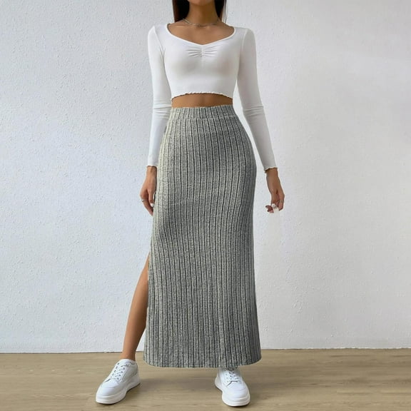 ZOHIUM Women's Skirts Ribbed Knit Skirt Women's Long Skirts With Slit High Waist Vintage Retro Skirts Casual Skirt Autumn Skirt With Elastic Waistband Circle Skirt (Gray,M)