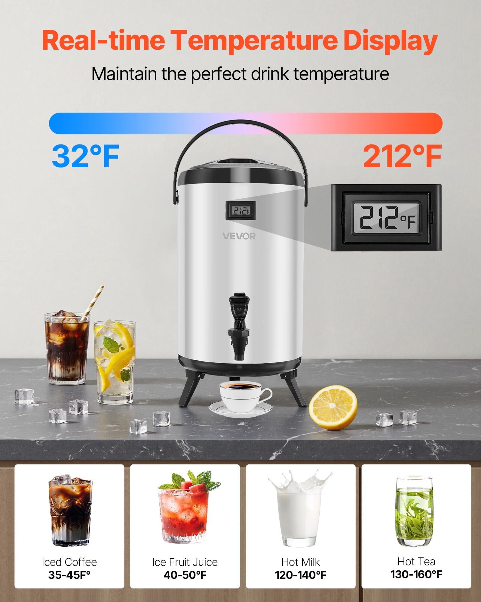 VEVOR Insulated Beverage Dispenser, 3.2 Gal/12L Stainless Steel Thermal Drink Server with Spigot & Temp Display, Suitable for Hot and Cold Drinks, for Tea Coffee Water in Cafes & Restaurants, Silver