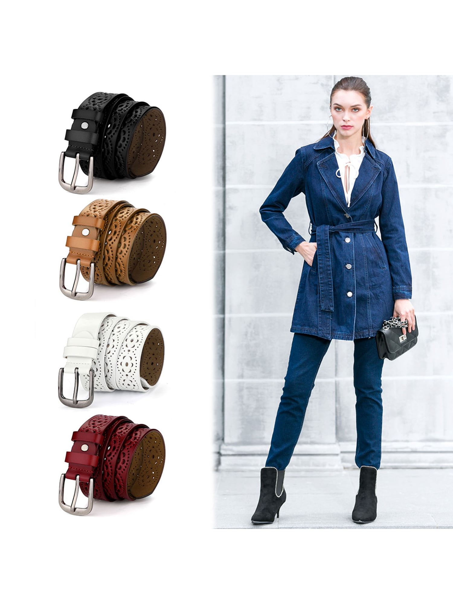 Unique Bargains Women's Vintage Hollow Floral Faux Leather PU Belt with Buckle Black