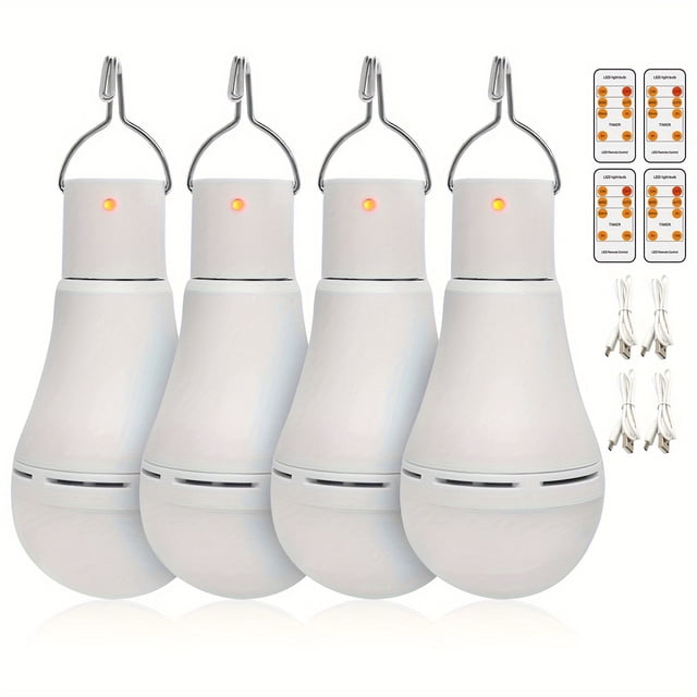 LOVEVER 4 Pack Portable Emergency LED Bulbs Afoskce USB Rechargeable Camping Light With Remote Timer 5 Lighting Modes With Hook 1500mAh Smart Light Bulbs For Emergency Camping Hikin