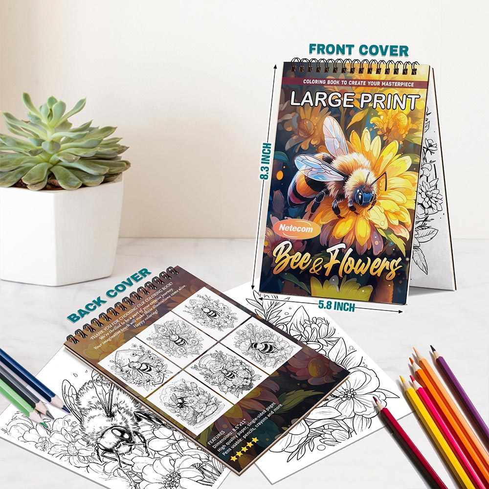 Netecom Large Print Bee and Flowers Coloring Book Spiral Bound For Adults, A5 Wooden Cover, 30 Beautiful Coloring Pages in Bees and Blooming Flowers for Stress Relief and Relaxation