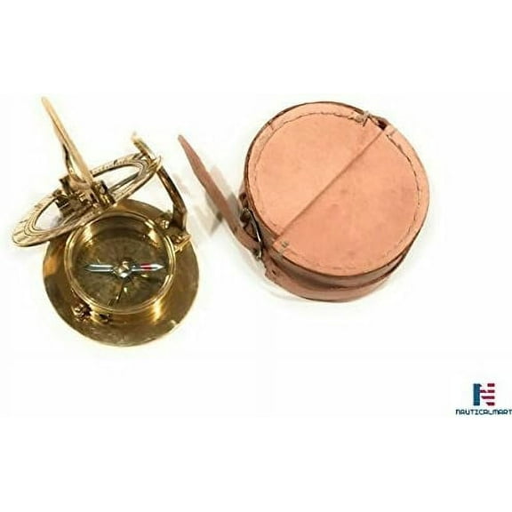 3.5" Sundial Compass with Teak Wood Box Inlaid with Solid Brass