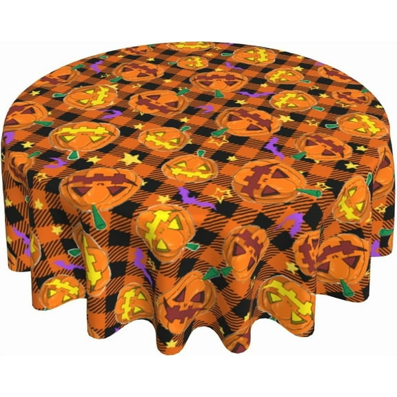 Happy Halloween Round Tablecloth 60 Inch Spooky Pumpkins Bats Checkered Circle Table Cover Orange Black Buffalo Plaids Table Cloth Washable Polyester for Dining Kitchen Party Holiday Decor