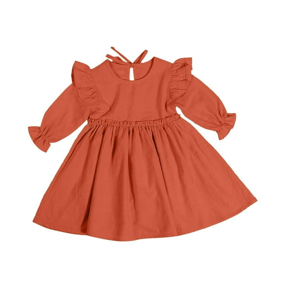 Odeerbi Niñas Ruffle Manga Larga Vestido de Algodón Primavera Verano Princesa Vestidos Color Sólido Cuello Redondo Dulce A-Line Vestido
