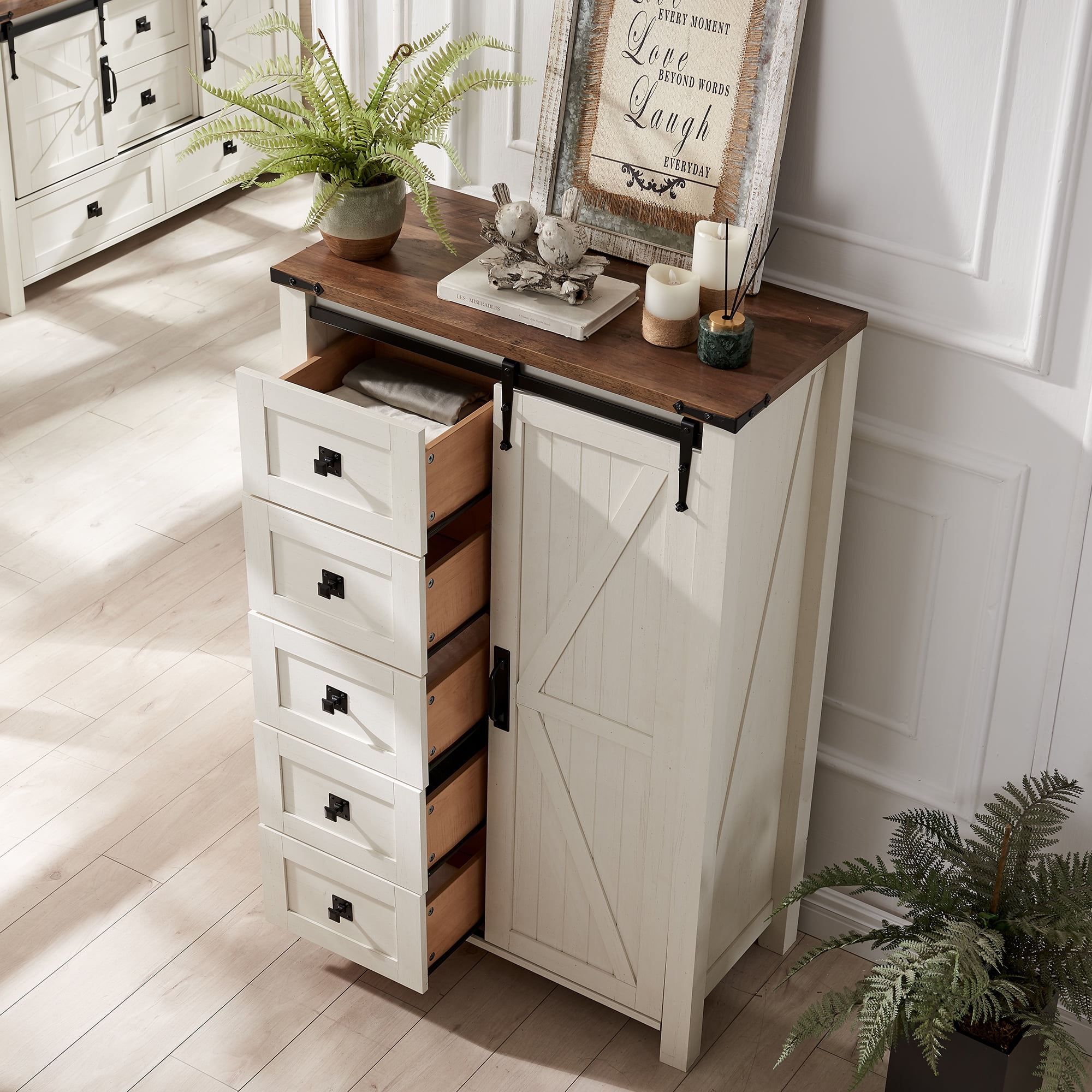 OKD Modern Farmhouse 5-Drawer Dresser with Barn Door, Adjustable Storage Cabinet for Bedroom Living Room, White