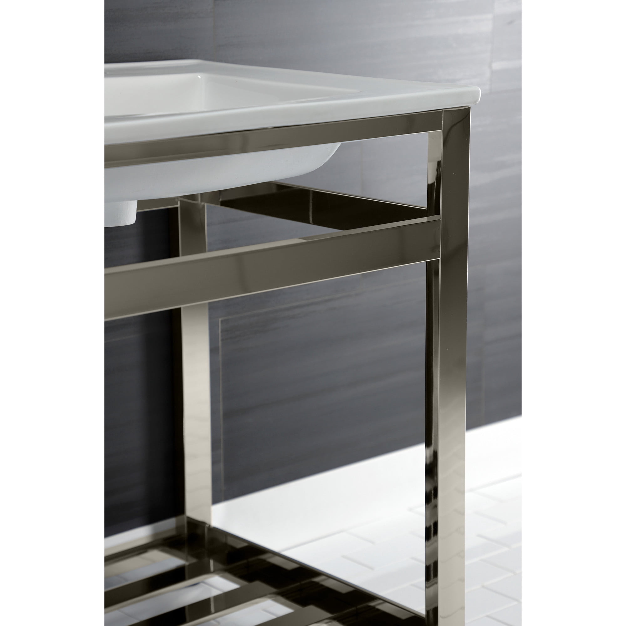 Kingston Brass VWP2522W8A6 Quadras 25" Ceramic Console Sink with Steel Base and Shelf (8-Inch, 3-Hole), White/Polished Nickel