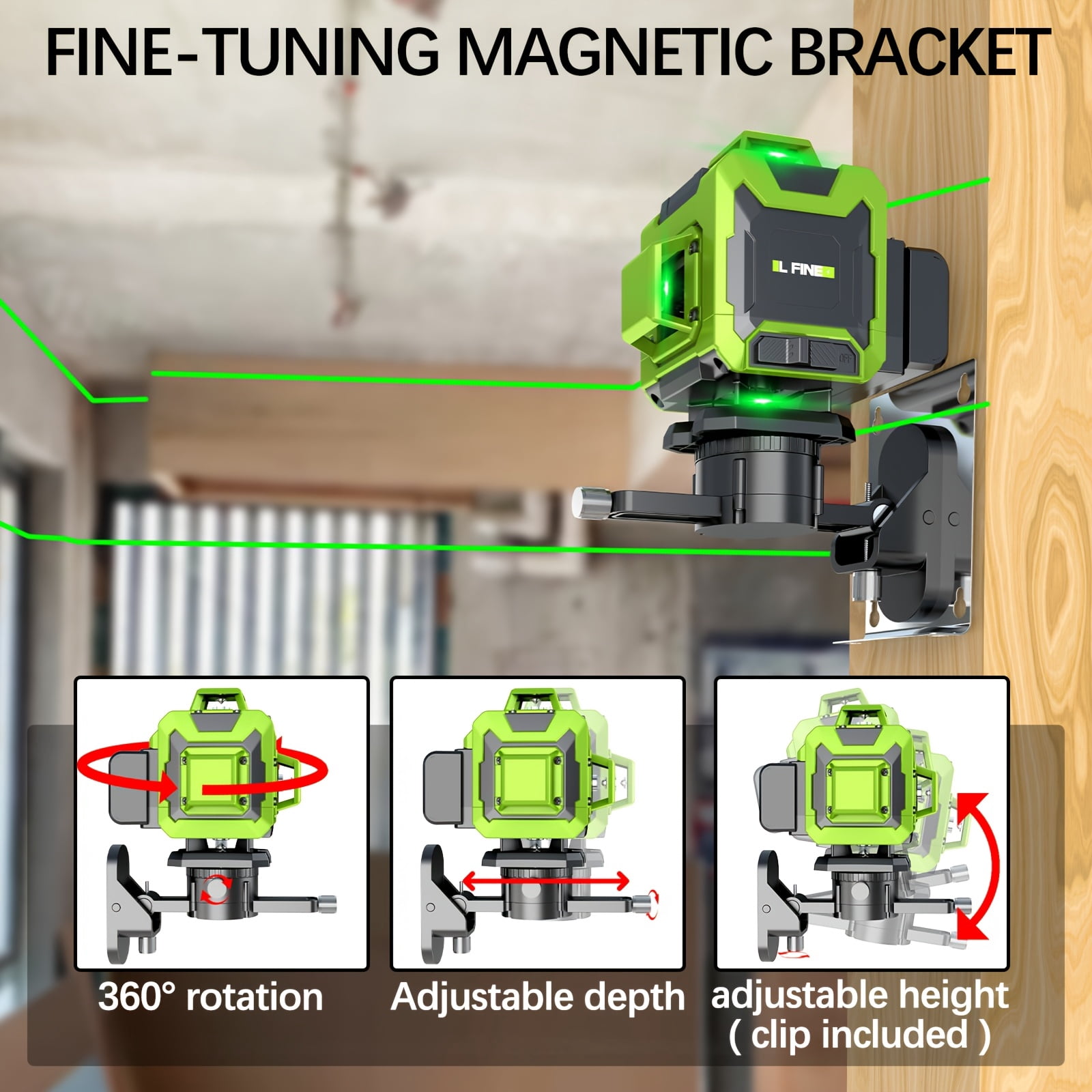 L-Fine Laser Level 16 Line 360 Self Leveling 4D Green Cross Line Adjustable Brightness Remote Control 65 ft