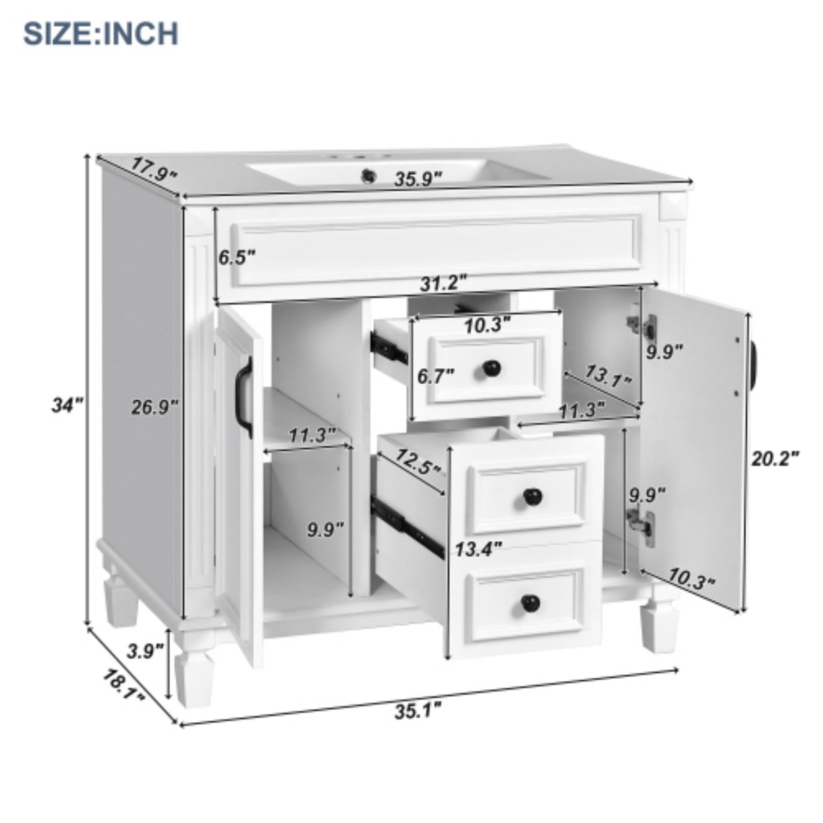 36" Bathroom Vanity with Sink, Modern Freestanding Bathroom Vanity Cabinet with Ceramic Basin, Solid Wood Frame, 2 Soft Close Doors, 2 Drawers, Adjustable Shelf, White