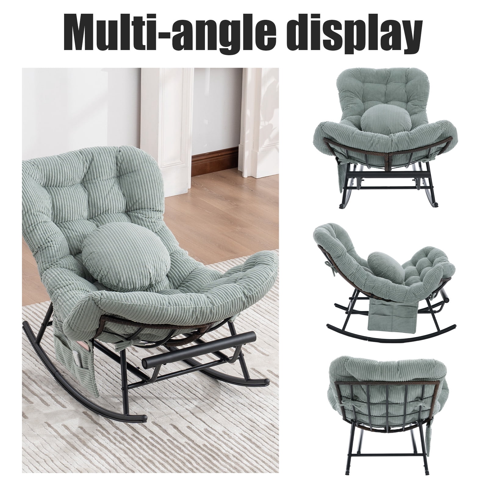 MOONMISS Outdoor Rocking Chair with Footrest, Indoor Oversized Comfort Reading Chair Cover with Cushion, Patio Rocking Chair Lounger, Mint Green