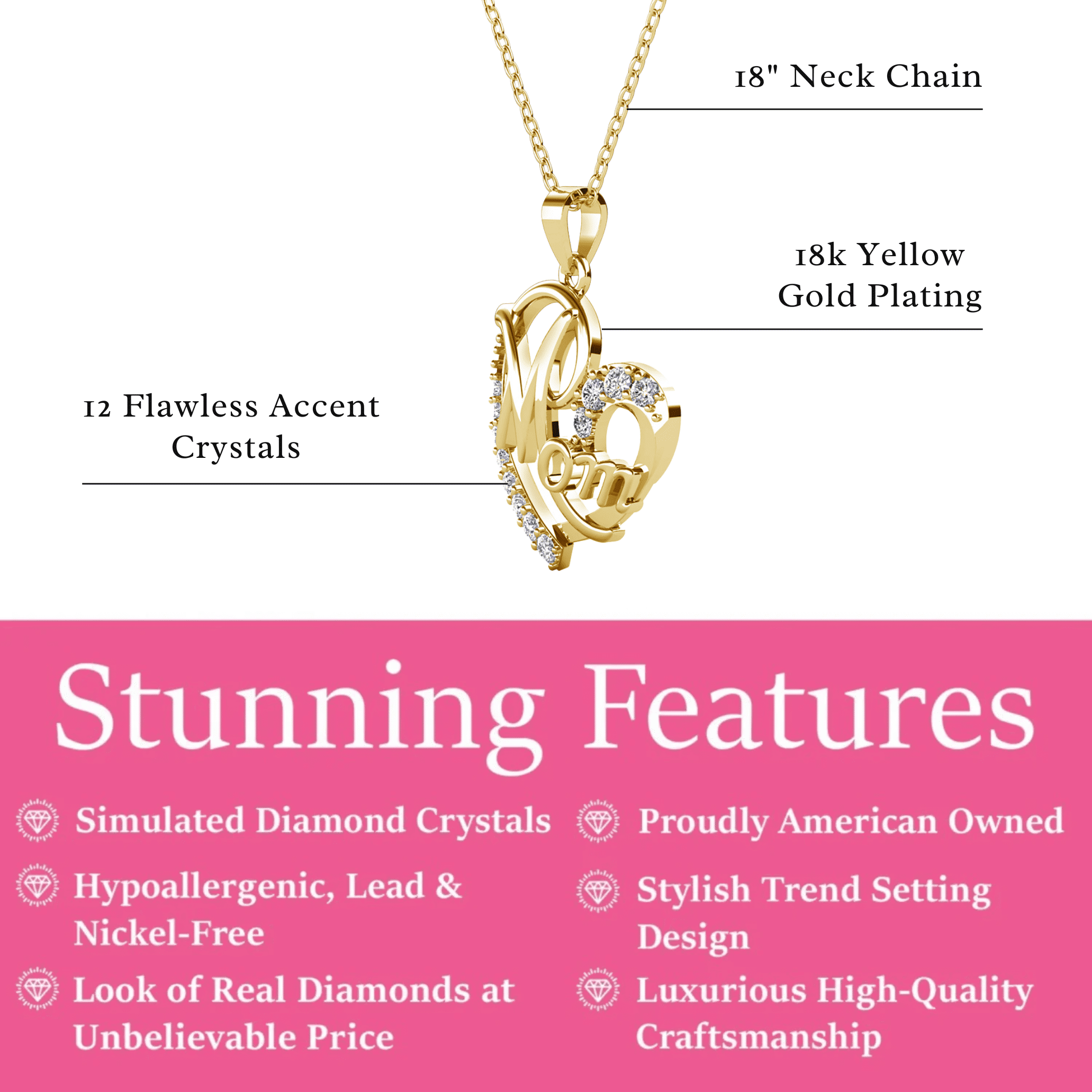 Cate & Chloe Persephone 18k Yellow Gold Plated Mom Heart Necklace with Simulated Diamond for Women