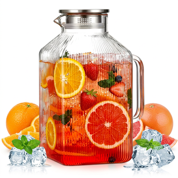 1 Gallon Thickened Glass Pitcher with Lid, Square Borosilicate Glass Carafe for Fridge, Heat Resistant Water Jug for Iced Tea, Cold Brew Coffee, Juice and Homemade Beverage