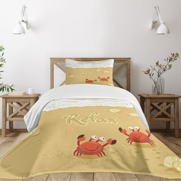 Ambesonne Summer Quilted Bedspread Set 2 Pcs, Card with Crabs Sea, Twin Size, Sand Brown and White