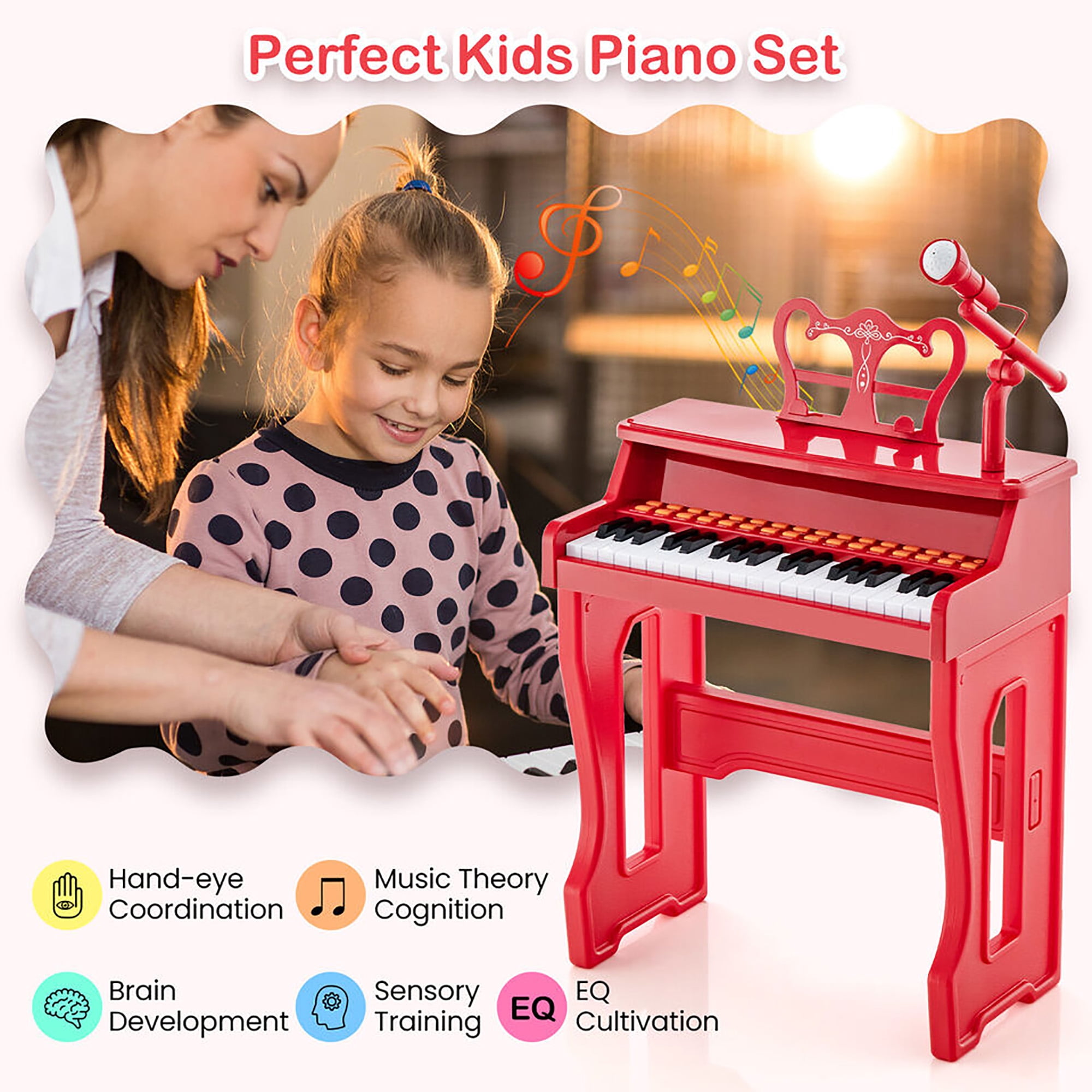 Gymax 37-Key Music Piano Keyboard Kids Learning Toy Instrument w/ Microphone Red