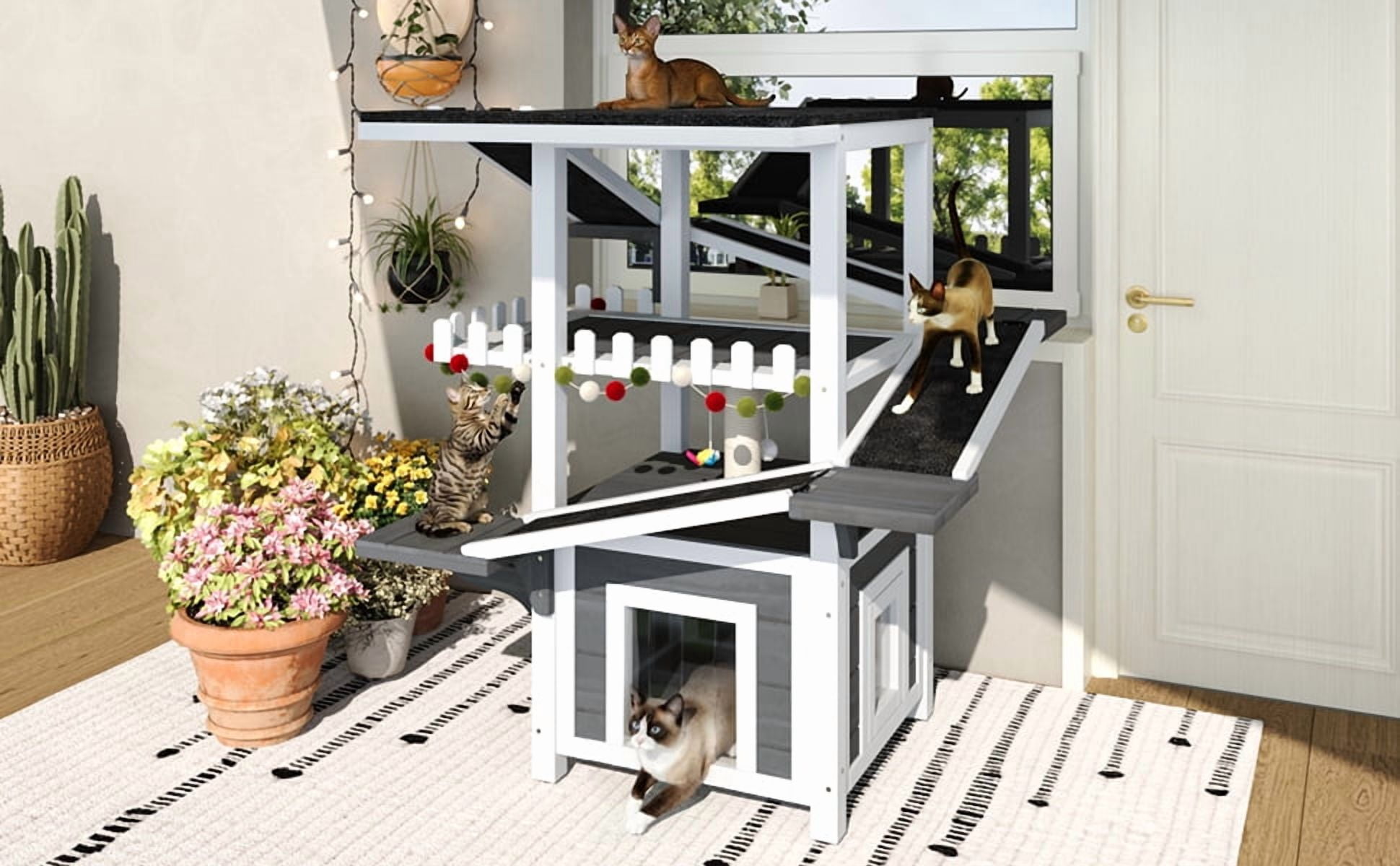 DRNANLIT 4 Tiers Outdoor Cat House, Weatherproof Cat Tree Tower with Waterproof Roof & 2 Doors, Feral Cat Shelter Outside Enclosure, Multi-Level Play Zones with Balcony, for Small Animals, Grey + Whi