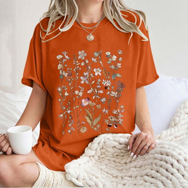LOVZFMLL Women's Summer Tops Floral Pattern Short Sleeved Round Neck Drop Shoulder Sleeve T-shirt Top