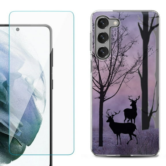 Shockproof Fashion Phone Case for Samsung Galaxy S23  / S23 Plus 5G, with Tempered Glass Screen Protector, by OneToughShield ® - Forest/Deer/Twilight