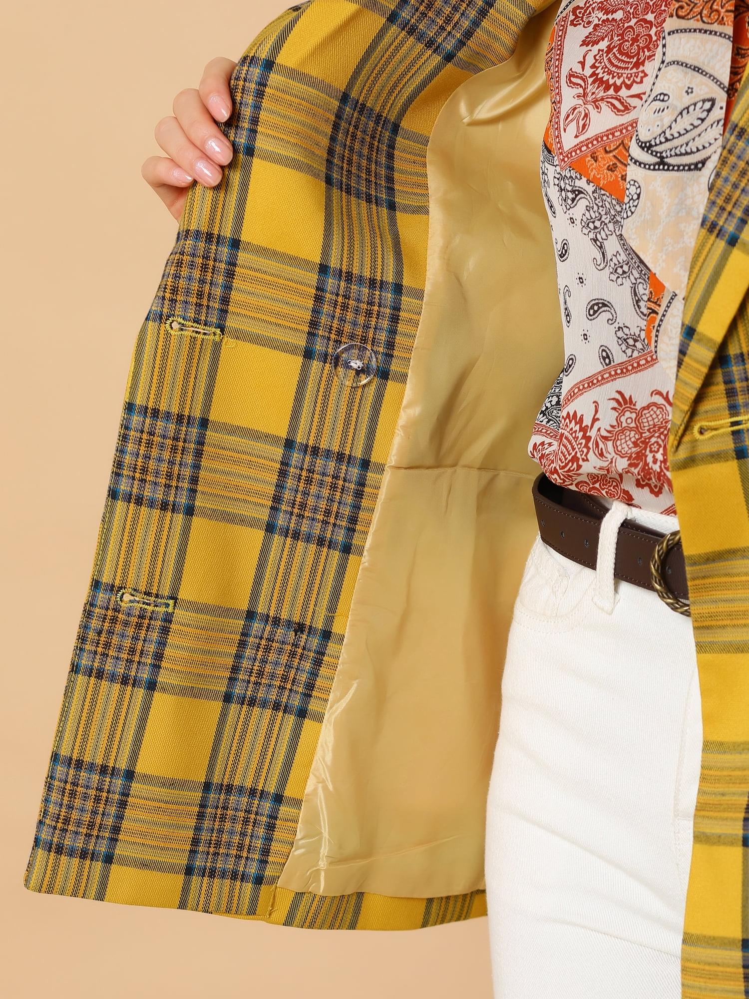 DARING DIVA Women's Plaid Notched Lapel Blazer Jacket M Yellow
