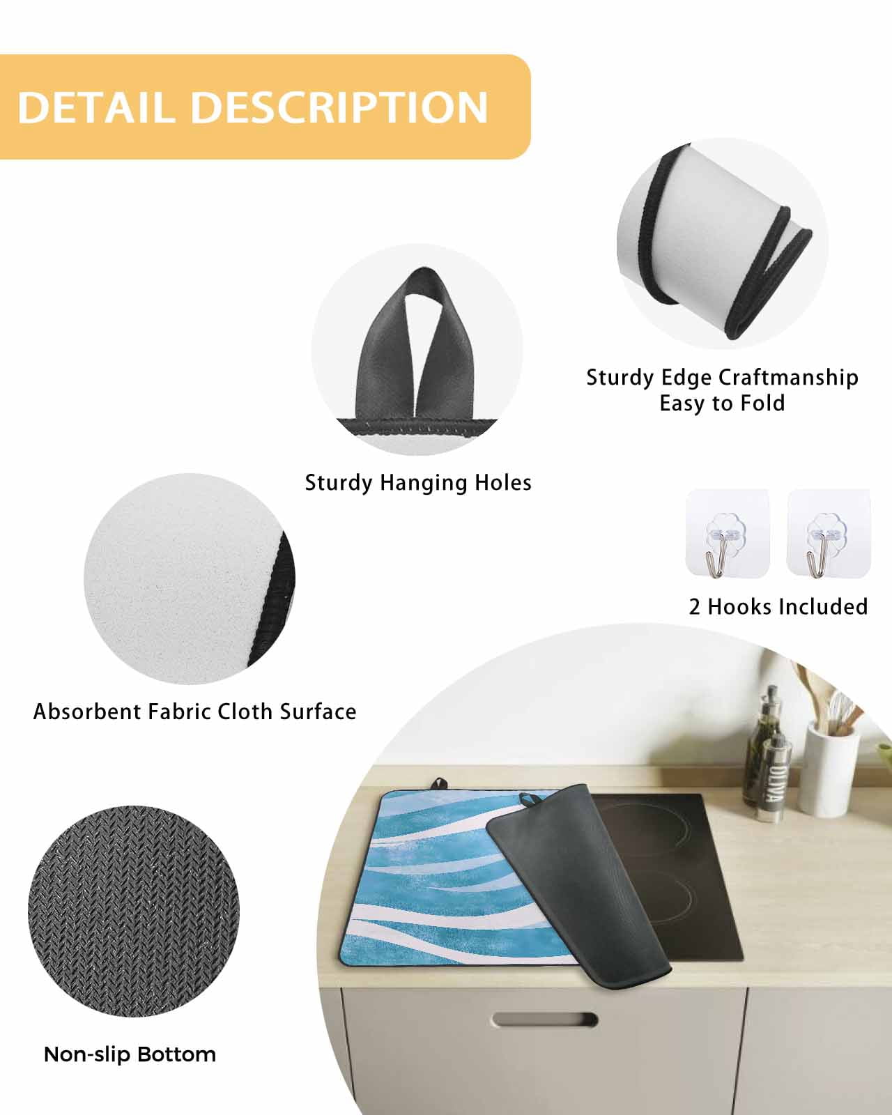 nqOlkjepod Large Induction Cooktop Protector Mat 24"x21", Blue Waves Stove Top Covers for Electric Stove, Ombre Sea Ripples Shabby Beach Decorative Stove Burner Cover Mats, Glass Top Stove Cover