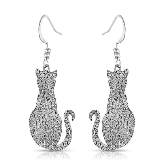 Besheek Silvertone Filigree Embossed Kitty Cat Boho Style Dangle Earrings