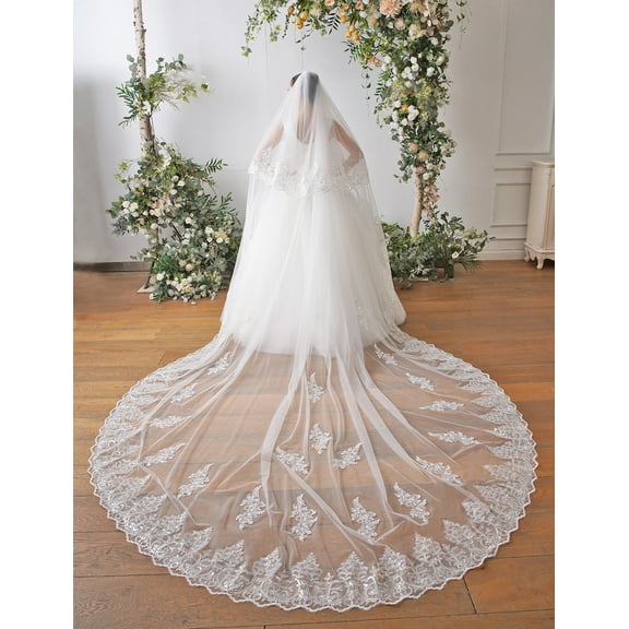EllieWely 2 Tier Wedding Veil Cathedral Length 3.5 M(138 inch) Bling Sequin Lace Bridal Veil With Metal Comb L101 White