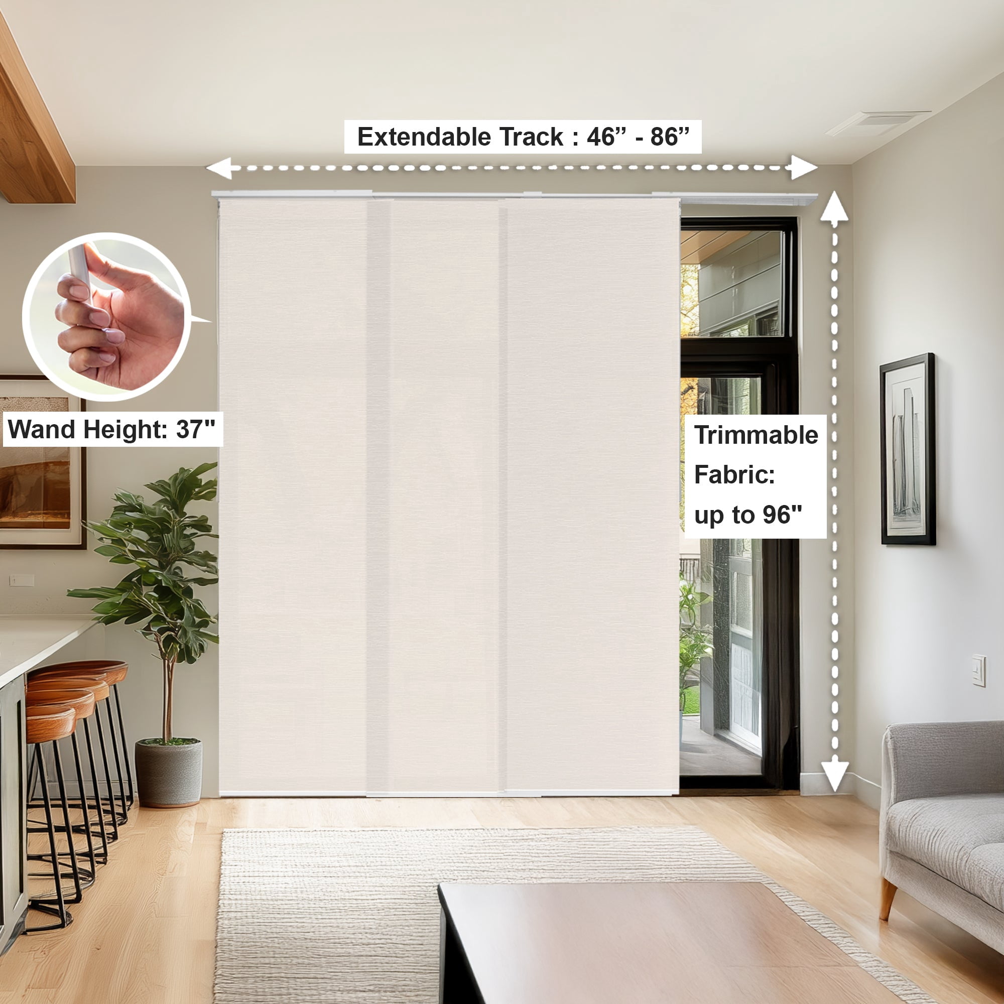 Chicology Adjustable Sliding Panel Blinds. Slate, 46"-86"W X 0"-96"H