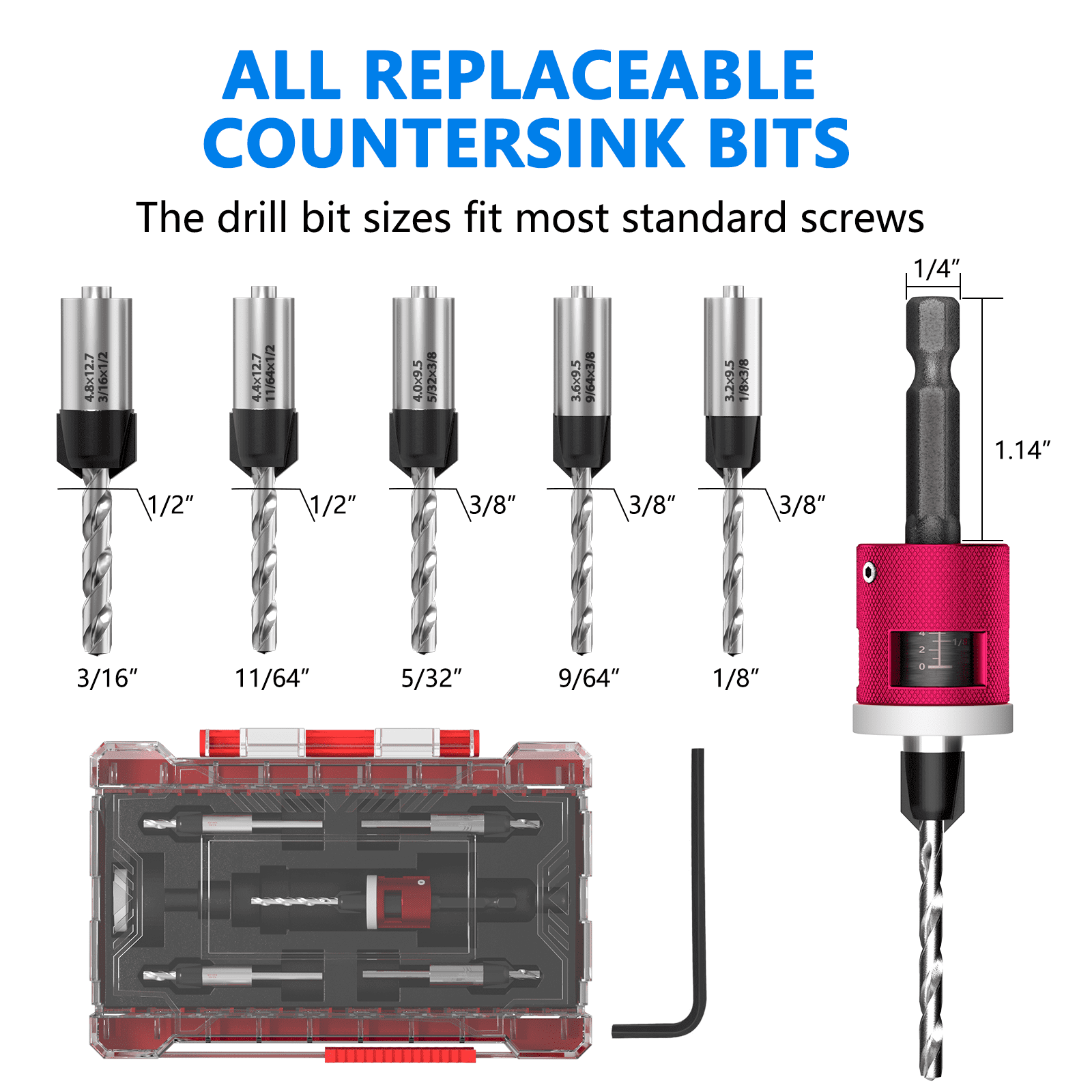 5Pcs Countersink Drill Bit Set with Adjustable Depth Stop, 1/4" Hex Shank Quick Change Drilling Tool Kit, 82° Woodworking Chamfer Bits for Wood, Plywood, MDF, Plastic
