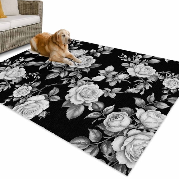 Outdoor Rug 5x7 ft Black Floral Rose Waterproof Outdoor Patio Rug Mat Non Slip Outside Area Rugs Carpet for RV,Camping,Porch,Deck,Pool,Balconybackyard,Vintage Leaf Flower